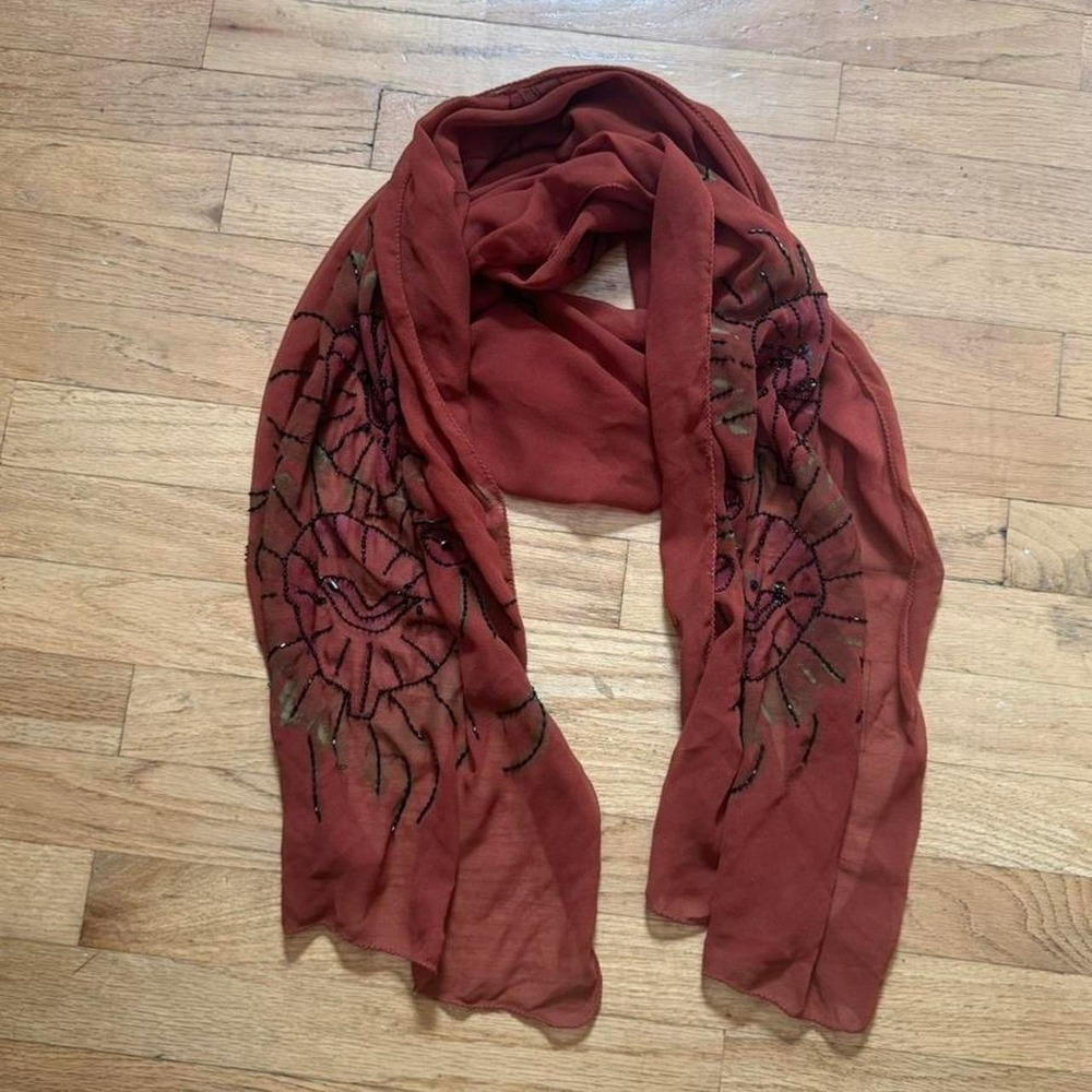 Beaded Hand Painted Scarf Orange Red Bohemian Eclectic Hippie Indie Summer